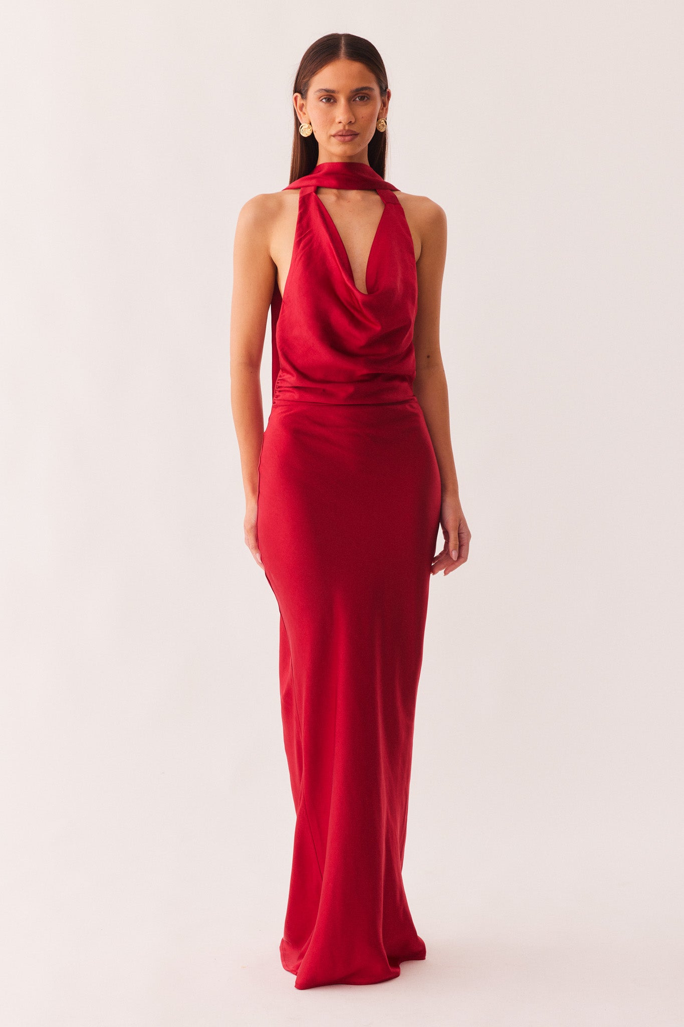 red silk dress maxi Vestido de Satn Liana Drop Waist Contrast - Rojo tie waist and cross Red Silk Satin Dress,extra Full
