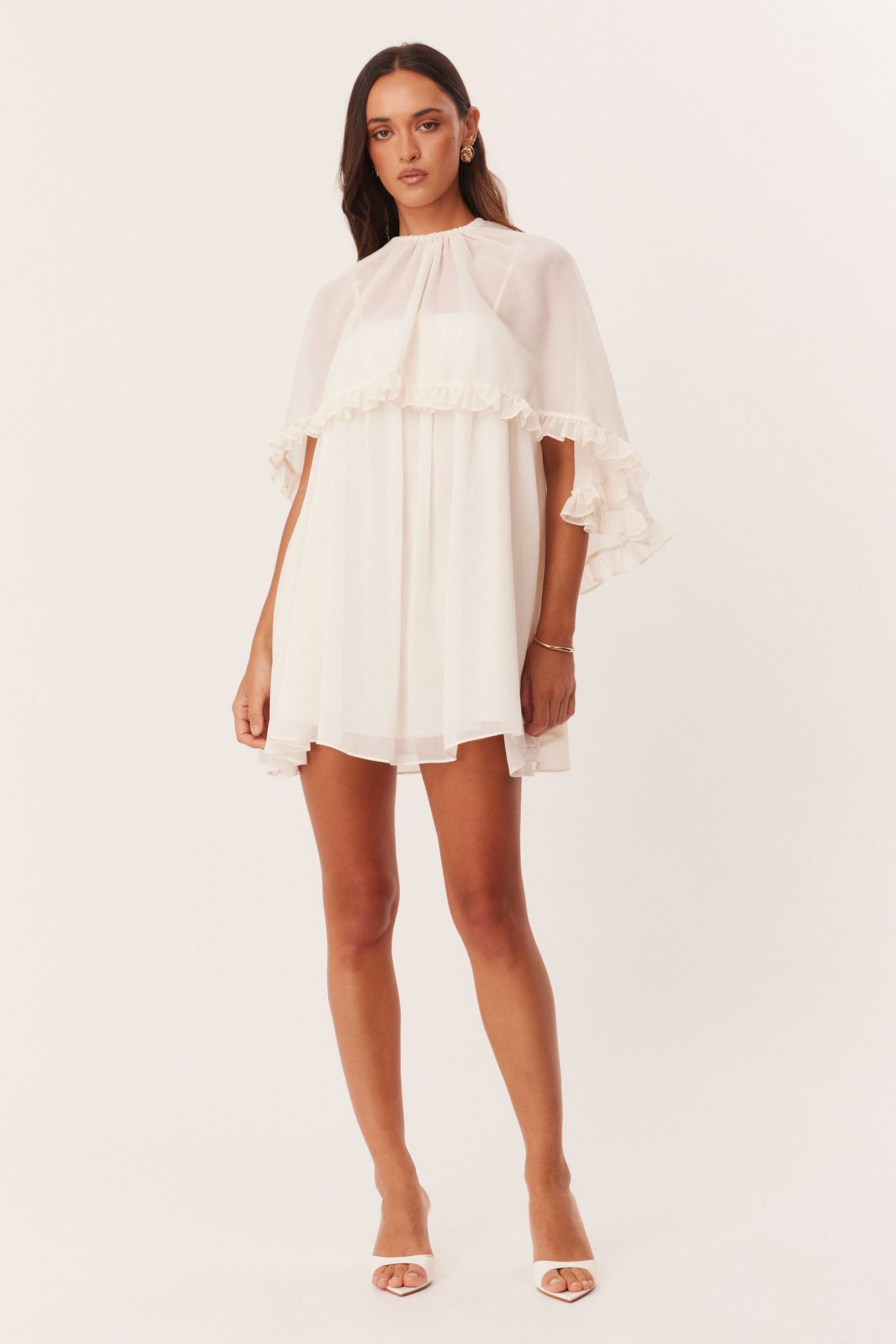 white cape mini dress Prislia | White Round-Neck Mini Dress With Cape